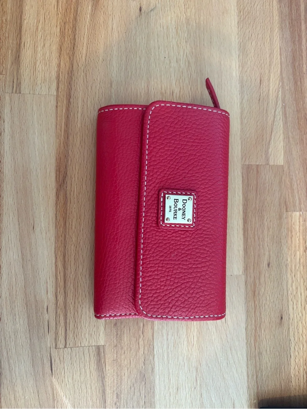 Dooney & Bourke Red Pebble Leather Zip Wallet with Contrast Stitching